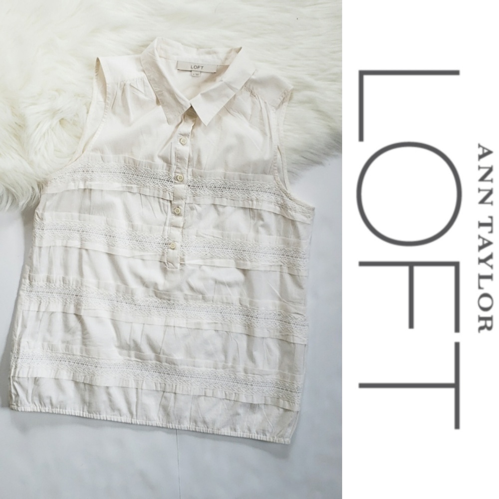 Loft Creamy White Lace Lines Quarter Button Tanm - Picture 1 of 5